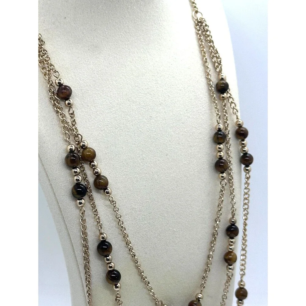 Vintage Goldtone Triple Chain Tiger's Eye Beaded 24